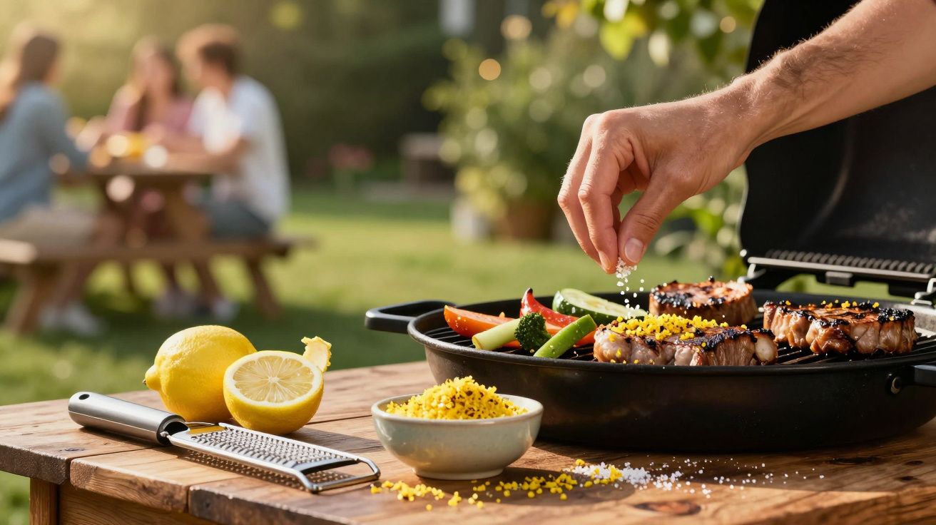 Mână presărând condimente peste friptură pe grătar într-o grădină, cu oameni la o masă în fundal.