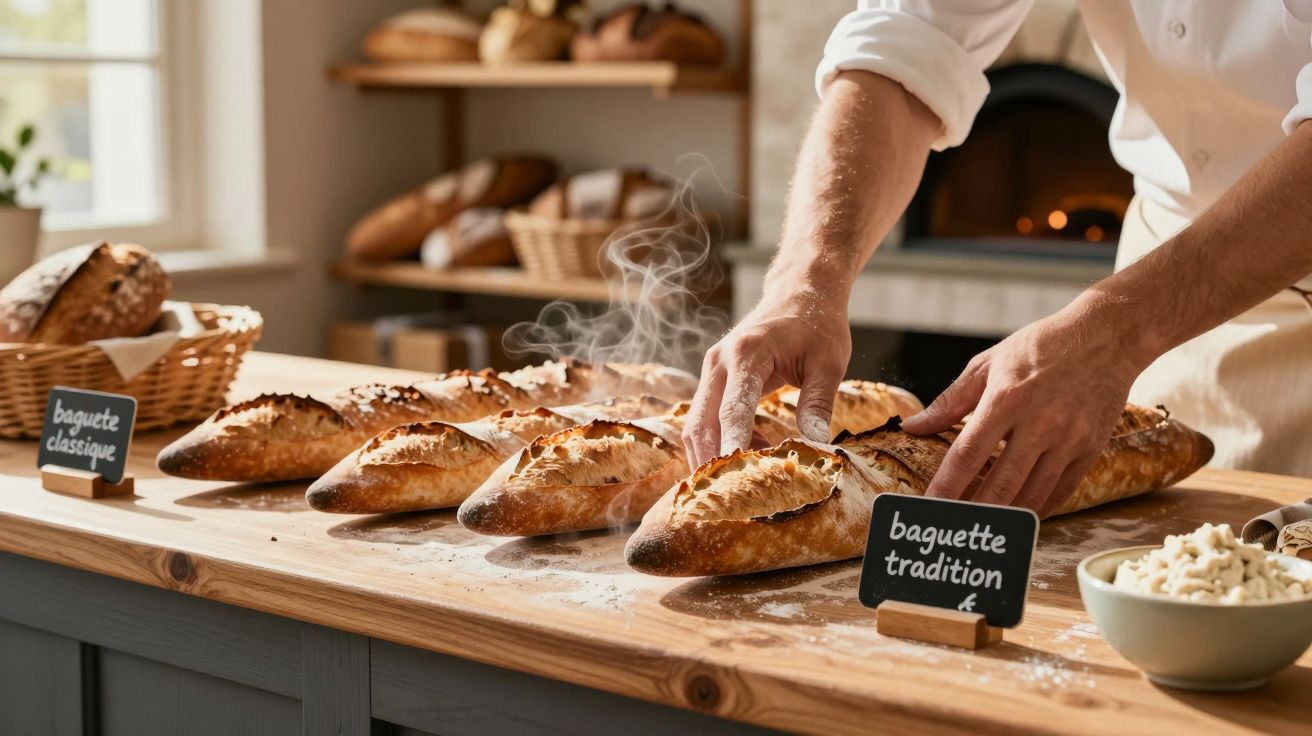 Mâini aranjând baghete proaspete, aburinde, pe un blat de lemn într-o brutărie tradițională.