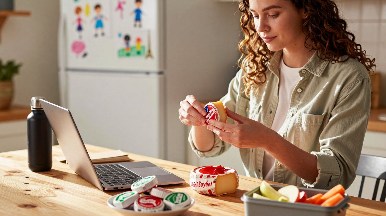 Femeie tânără pregătind o gustare cu brânză topită la o masă, lângă un laptop și o cutie cu legume proaspete.