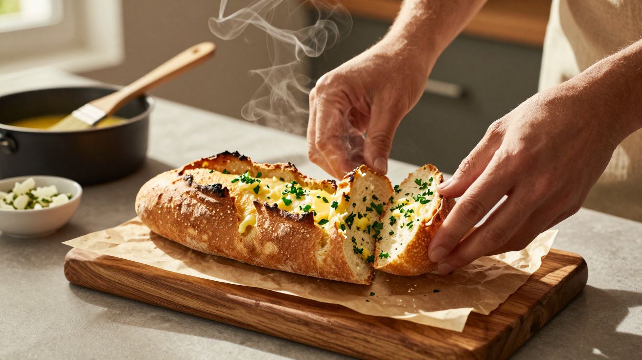 Pâine caldă cu unt și ierburi, aburind, pe un tocător de lemn, mâini care rup o felie.