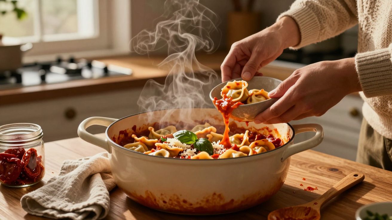 O persoană adaugă paste într-un vas cu sos de roșii aburind pe o masă de bucătărie.