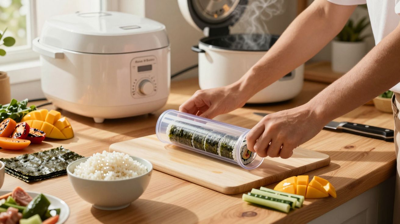 Persoană pregătind sushi pe o masă de bucătărie cu orez, legume și un aparat de gătit în fundal.