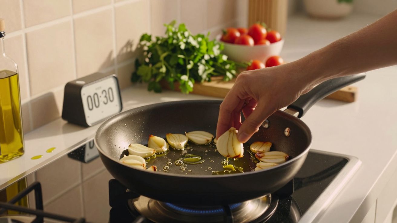 Mână care pune felii de usturoi într-o tigaie cu ulei pe aragaz, lângă verdeață și roșii cherry.