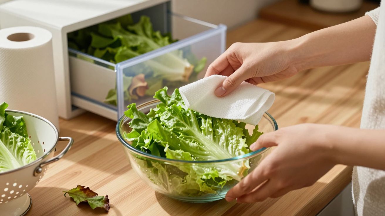 Două mâini usucă frunze de salată verde într-un bol din sticlă pe o masă de lemn.