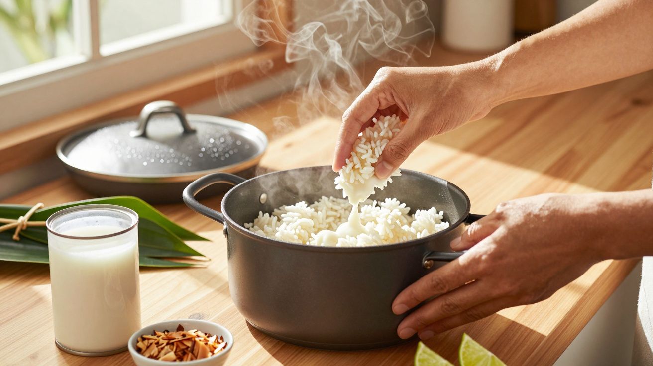 Mâini adăugând orez aburit într-o oală pe un blat de lemn, alături de un pahar cu lapte și condimente.