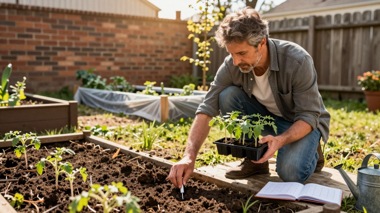 Bărbat plantând puieți în grădină, cu caiet deschis și stropitoare lângă el, într-o curte însorită.