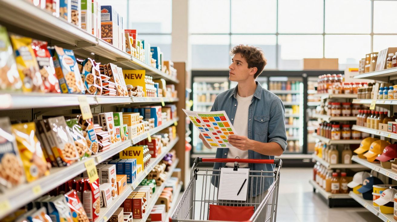 Tânăr cu coș de cumpărături, consultând lista de produse pe culoarul unui supermarket modern.
