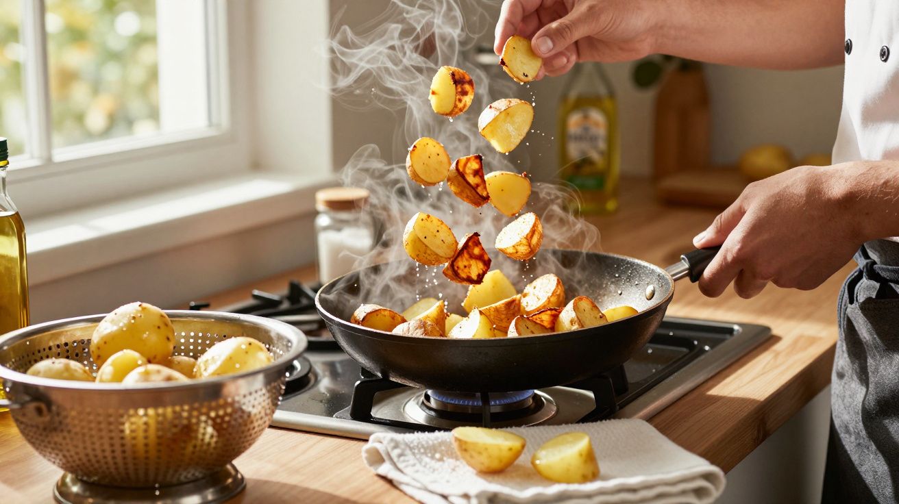 Mâini care prăjesc cartofi tăiați în tigaie, cu aburi ridicându-se în bucătăria luminoasă.