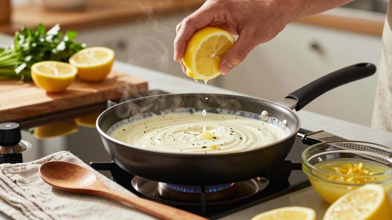 O mână stoarce o felie de lămâie peste un sos cremos fierbinte într-o tigaie pe aragaz.