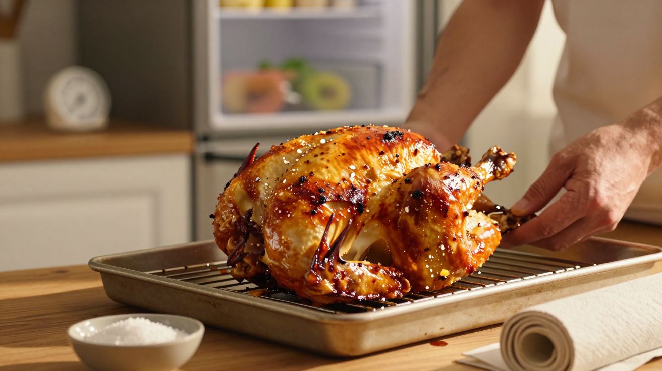 Pui fript auriu și suculent pe tavă, gata să fie servit în bucătărie.