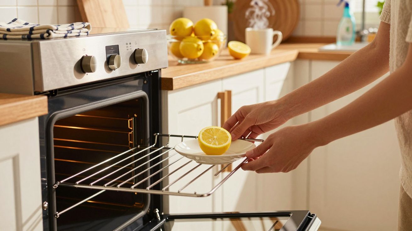 Mâini care pun o farfurie cu o jumătate de lămâie în cuptorul deschis din bucătărie modernă.