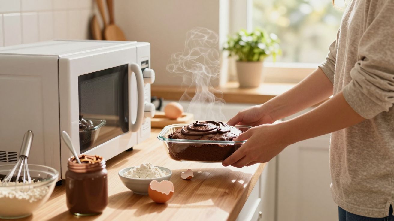 O persoană scoate un tort cald cu glazură de ciocolată din cuptorul cu microunde pe blatul bucătăriei.