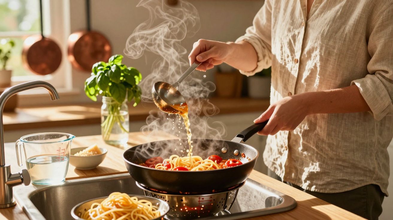 Persoană gătește paste cu sos roșu fierbinte într-o tigaie pe aragaz în bucătărie luminoasă.