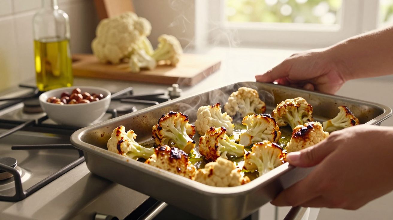 Flori de conopidă rumenite în tavă scoase din cuptor, pe aragaz, cu ulei și măsline în fundal.