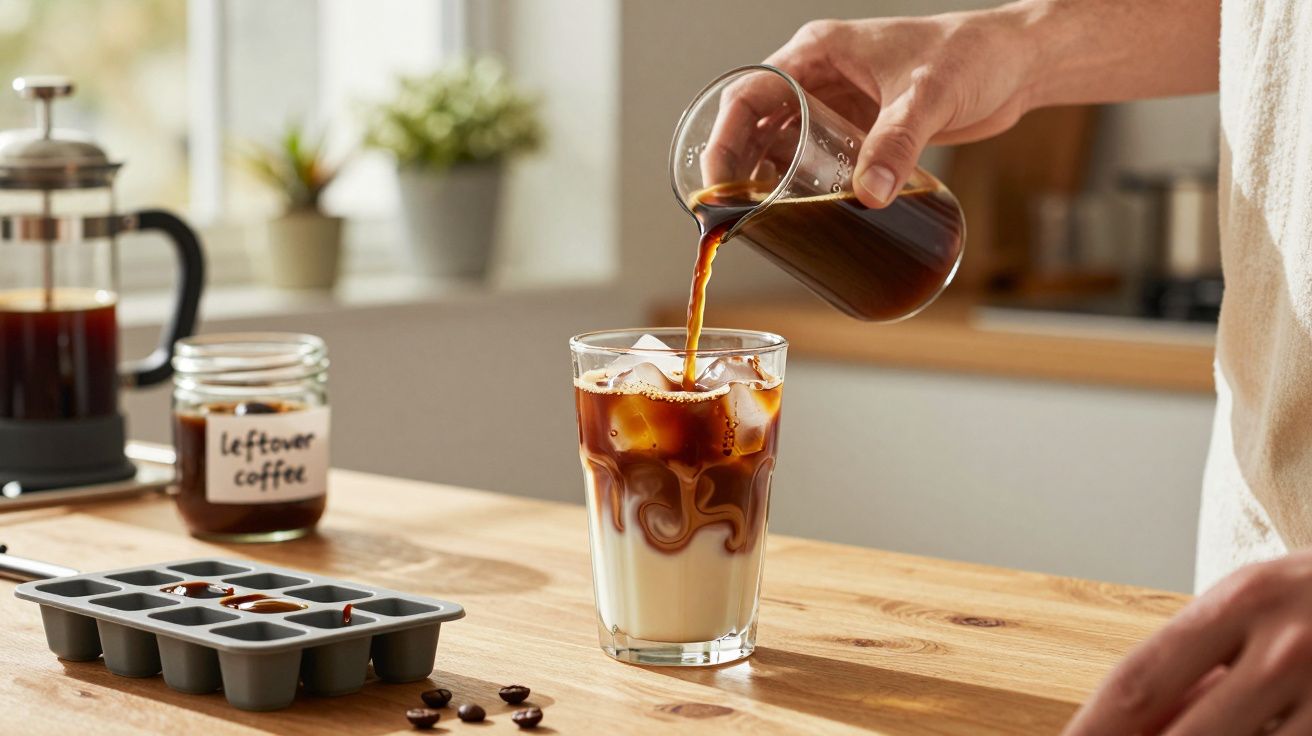 Turnare cafea rece peste lapte într-un pahar cu cuburi de gheață pe o masă din lemn.