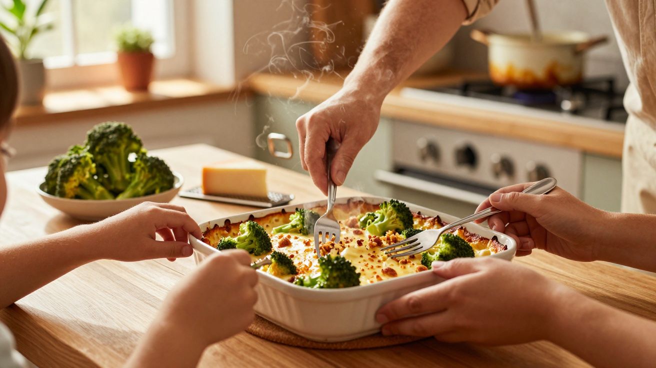 Trei persoane iau cu furculițele dintr-un vas ceramic cu mâncare caldă, garnisită cu brocoli.