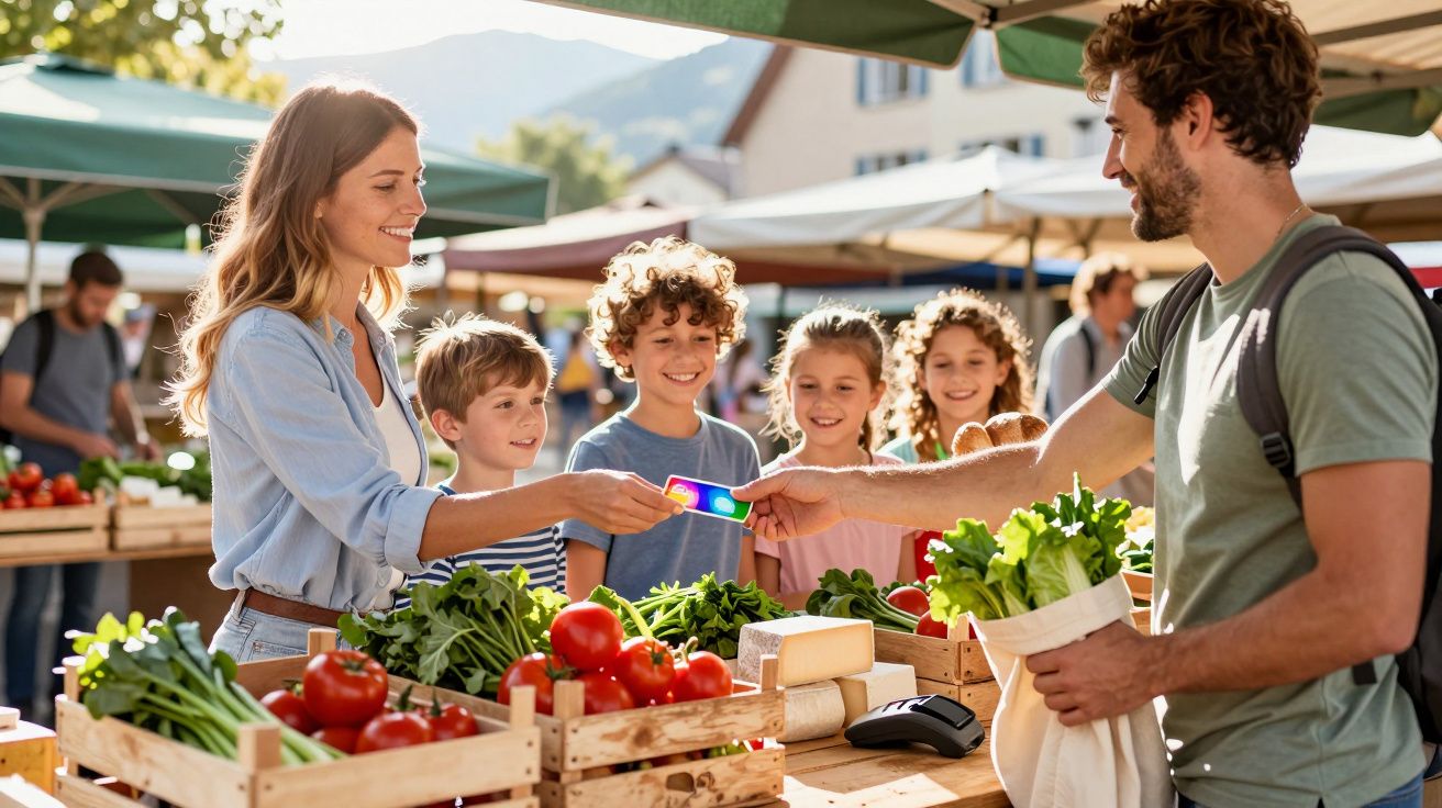 Femeie cumpărând legume proaspete de la piață, în prezența unui bărbat și a patru copii fericiți.