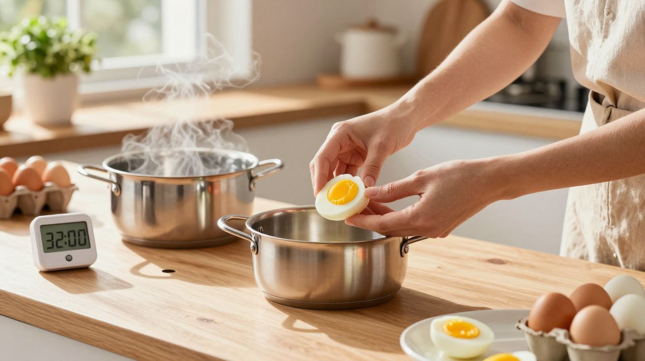 Mâini care scot un ou fiert tare dintr-o oală în bucătărie cu ouă și timer pe masă.