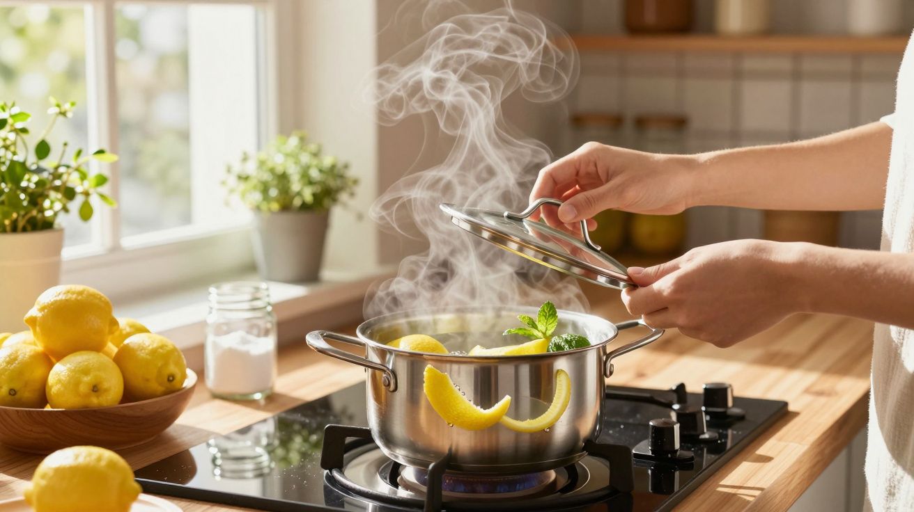O persoană ridică capacul de pe o oală cu aburi și felii de lămâie pe aragaz într-o bucătărie luminoasă.