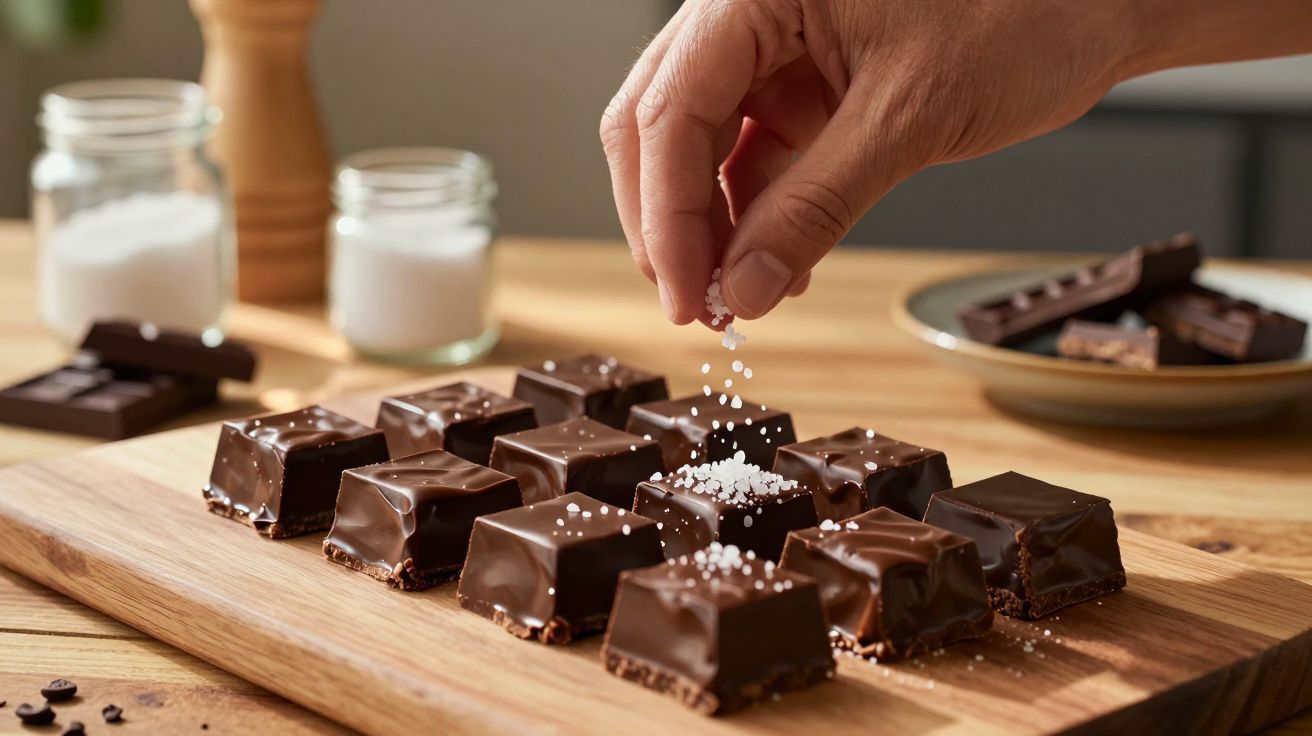 O mână presară fulgi de sare peste cuburi de ciocolată pe o tăviță de lemn, în bucătărie.