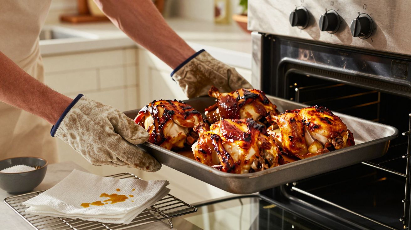 Persoană scoate din cuptor tavă cu pui fript rumenit în bucătărie.