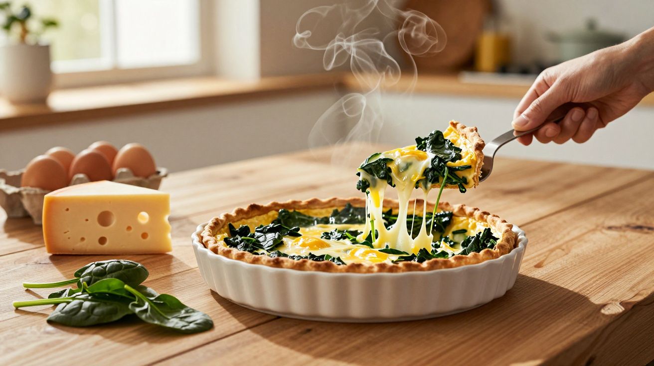 Felie de plăcintă cu spanac și brânză topită, aburind pe masă de lemn, alături de ouă și brânză.