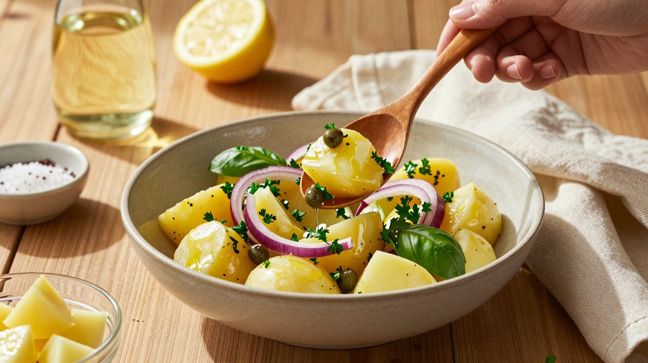 Salată de cartofi cu ceapă roșie, capere, verdeață și dressing, servită într-un bol ceramic cu lingură de lemn.