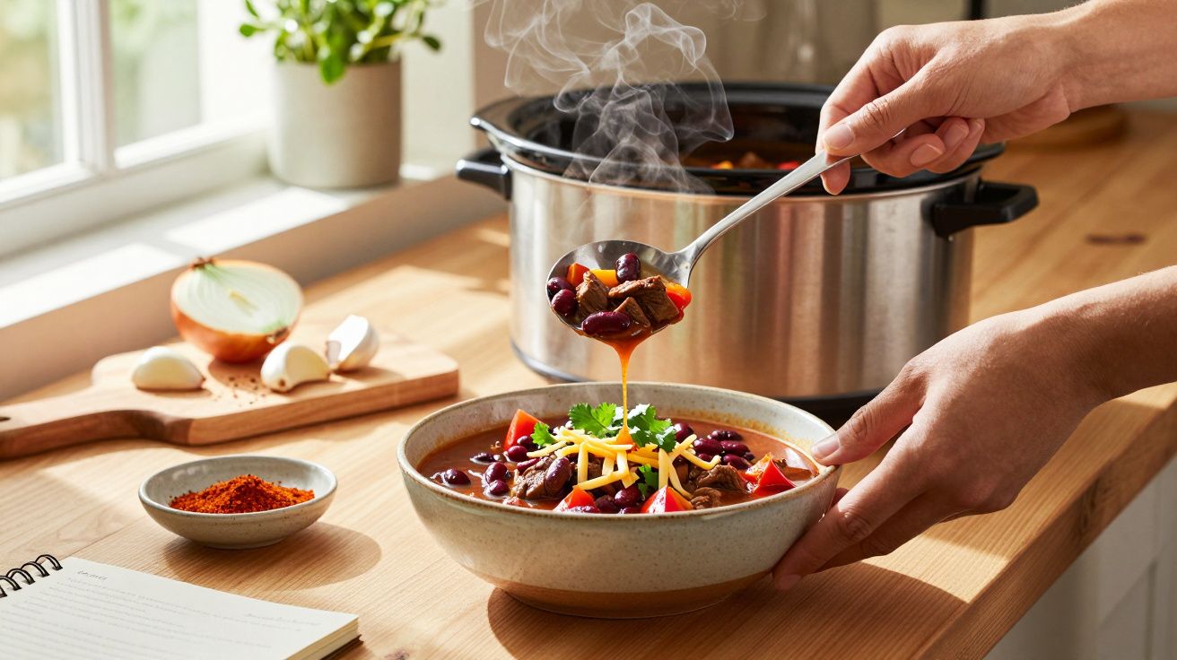 O mână toarnă ciorbă fierbinte cu carne, fasole și legume într-un bol pe o masă de lemn lângă fereastră.