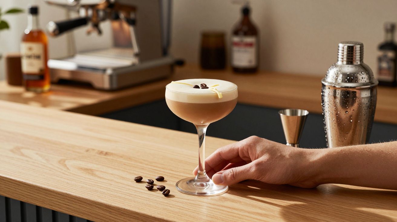 Pahar elegant cu cocktail espresso martini pe bar din lemn, mână ținând paharul lângă boabe de cafea.