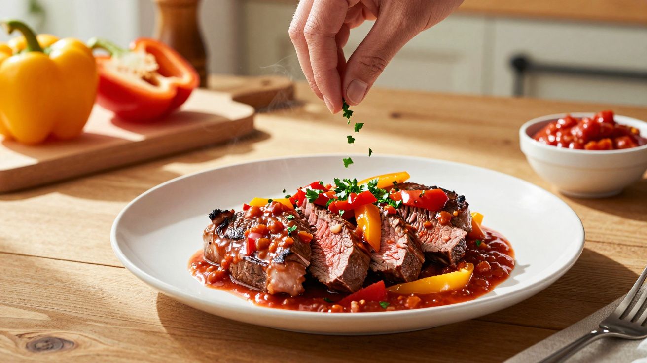 Felii de friptură cu sos de roșii și ardei, decorate cu verdeață proaspătă pe o farfurie albă.