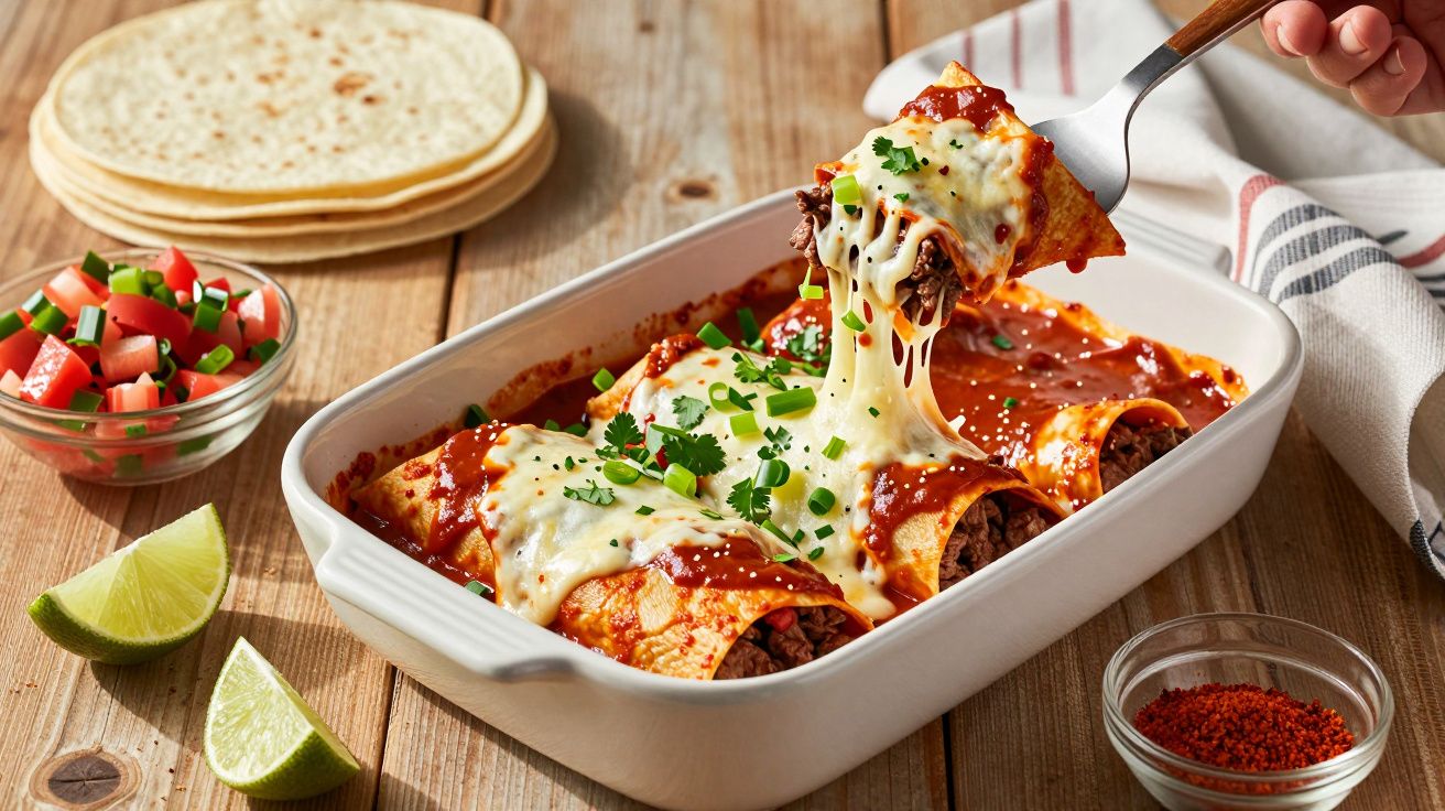 Platou cu enchiladas cu carne, sos roșu, brânză topită și verdeață, lângă tortilla, lime și condimente.