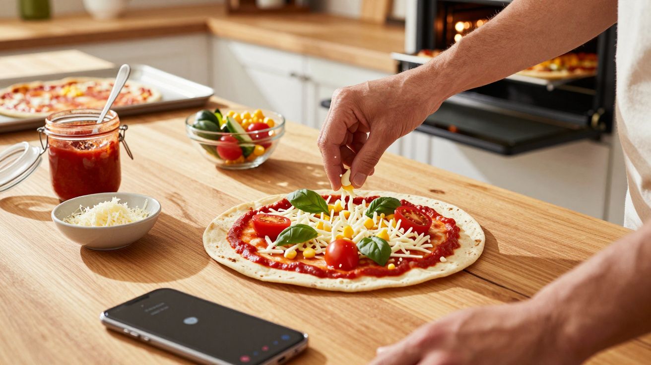 Persoană asează brânză pe o pizza necoaptă pe blatul din lemn într-o bucătărie modernă.