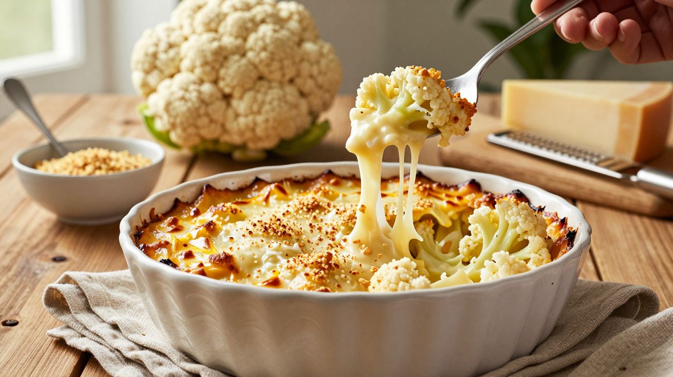 Conopidă coaptă cu sos de brânză topită și pesmet, servită dintr-un vas ceramic alb.
