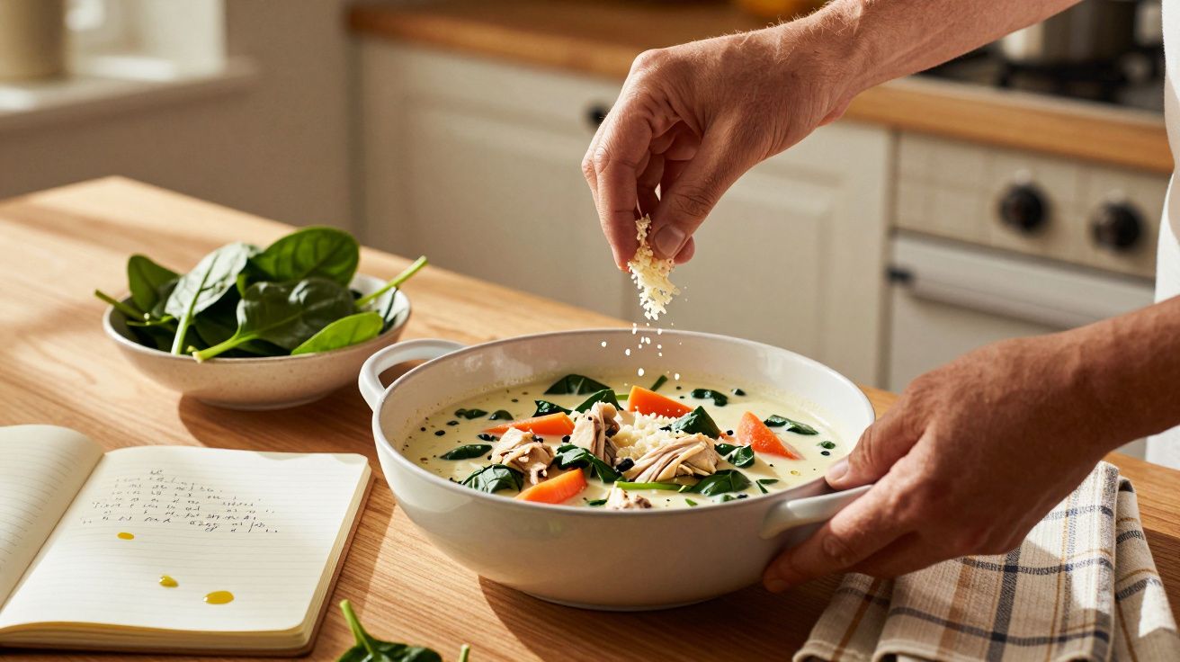 Mână presărând brânză pe supă cremă cu spanac, morcovi și pui, alături de o carte de rețete deschisă.