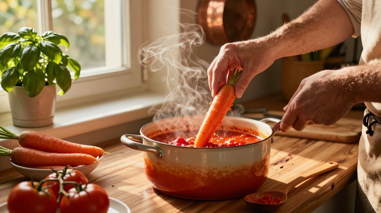 Mână adăugând o morcov în oală cu supă de roșii aburind pe o masă de lemn lângă fereastră.