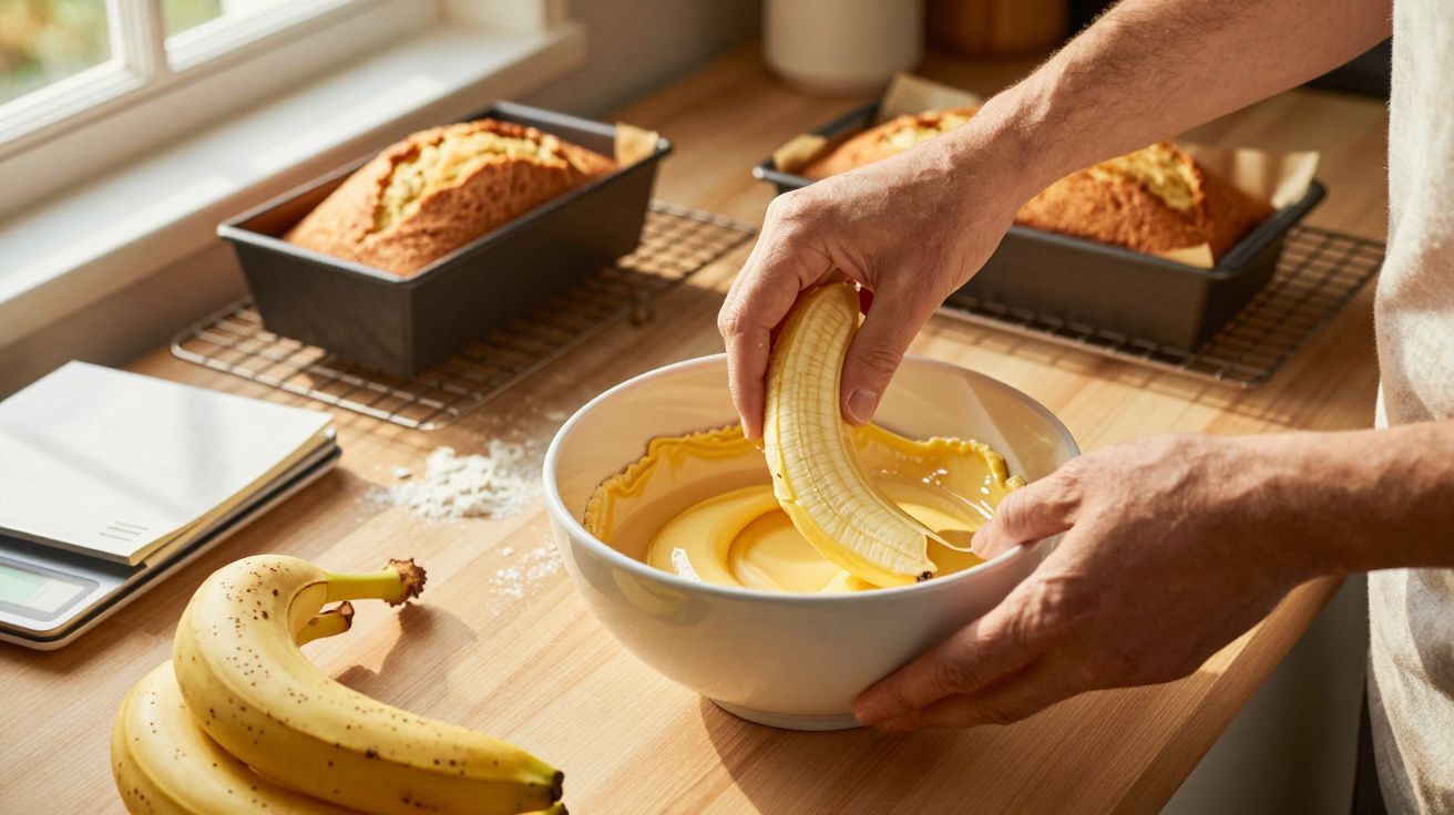 Un bărbat decojește o banană peste un bol cu aluat pe o masă de bucătărie lângă pâine coptă.