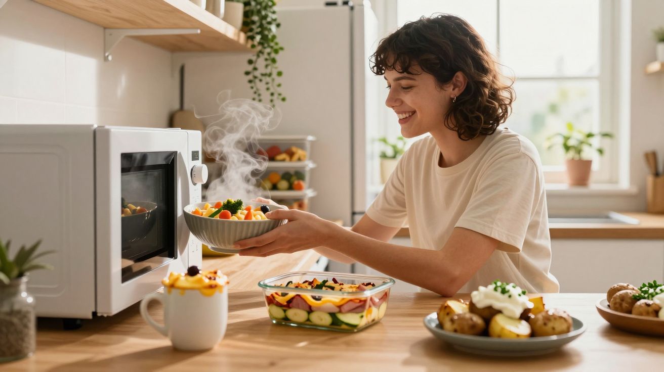 Femeie zâmbitoare scoate un bol cu mâncare aburindă din cuptorul cu microunde într-o bucătărie luminoasă.
