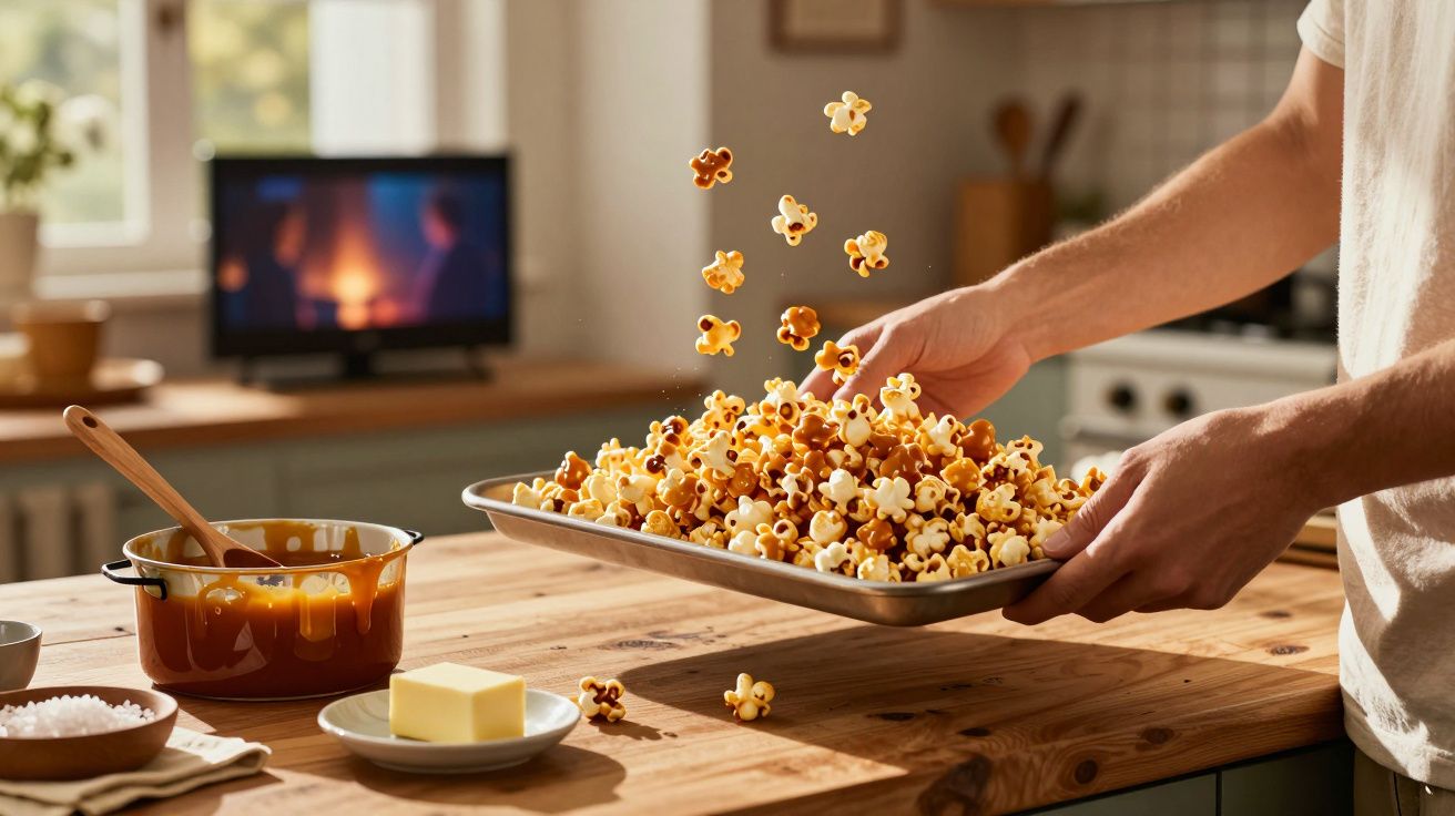 Om amestecând popcorn cu caramel pe o tavă în bucătărie, cu televizor în fundal și unt pe masă.
