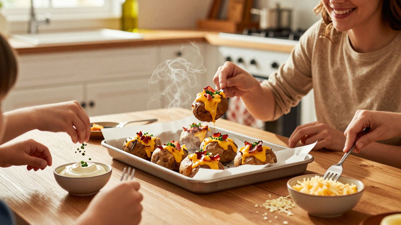 Femeie și copii la masă, servind cartofi copți cu brânză topită, smântână și verdeață în bucătăria luminoasă.