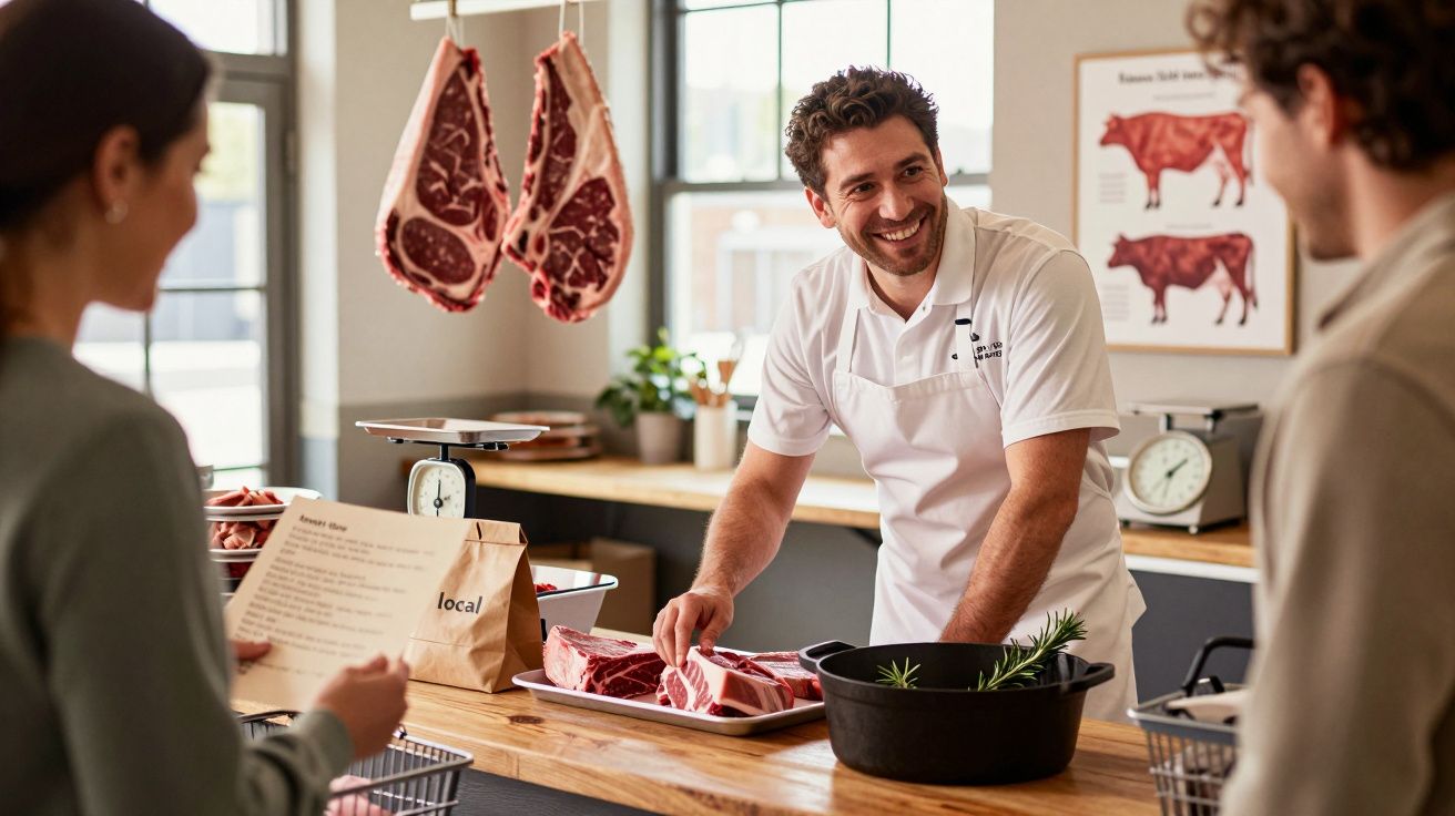 Măcelar zâmbitor în uniformă albă servind clienți într-o măcelărie luminată natural.