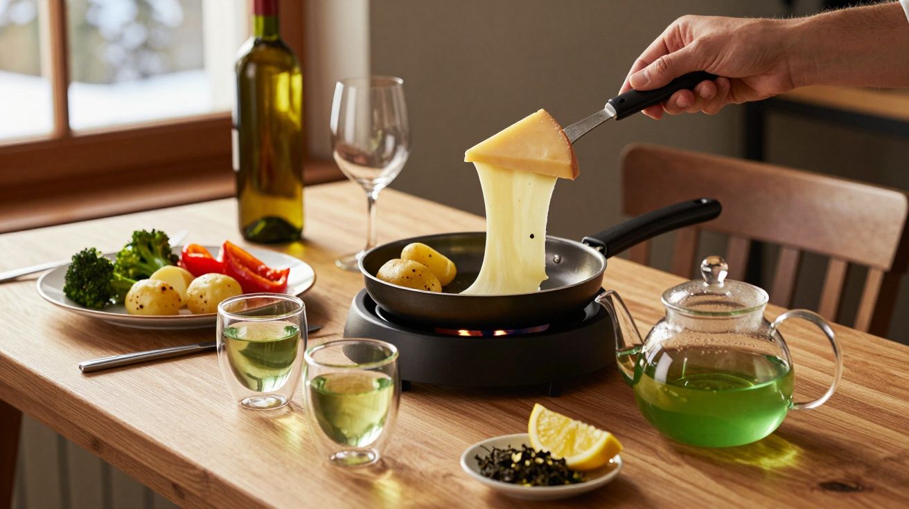 Mână ridicând o felie de brânză topită din tigaie cu cartofi noi și legume alături pe masă rustică.