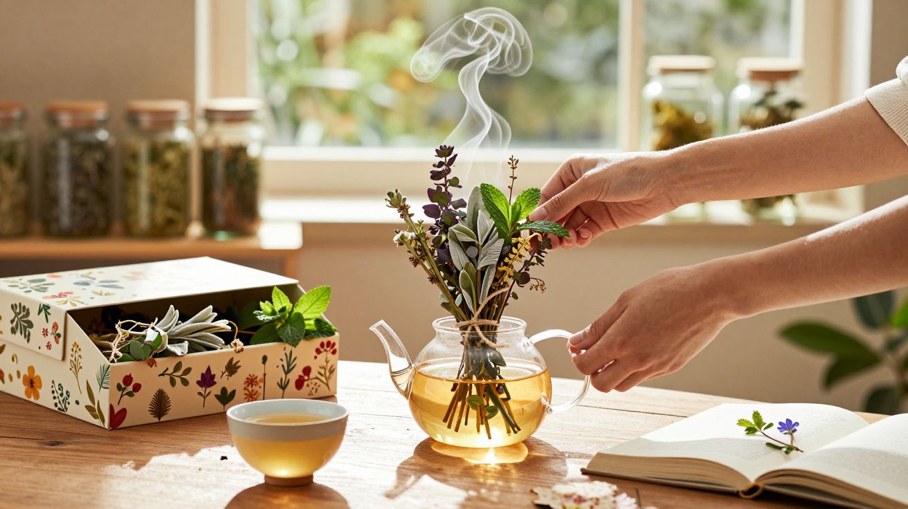 Mână așezând ramuri de plante aromatice într-un ceainic cu infuzie fierbinte, în lumina naturală.