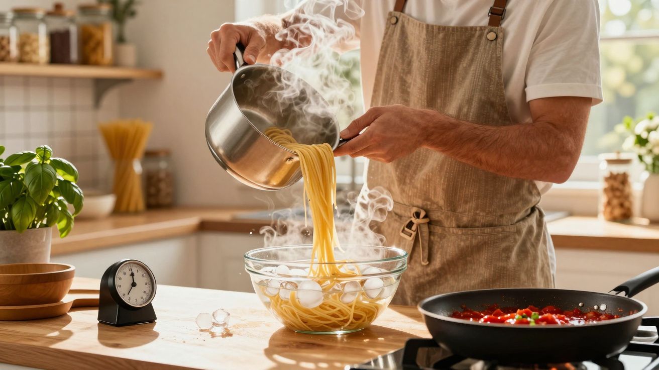 Persoană toarnă spaghete fierbinți din oală într-un bol transparent în bucătărie luminoasă.