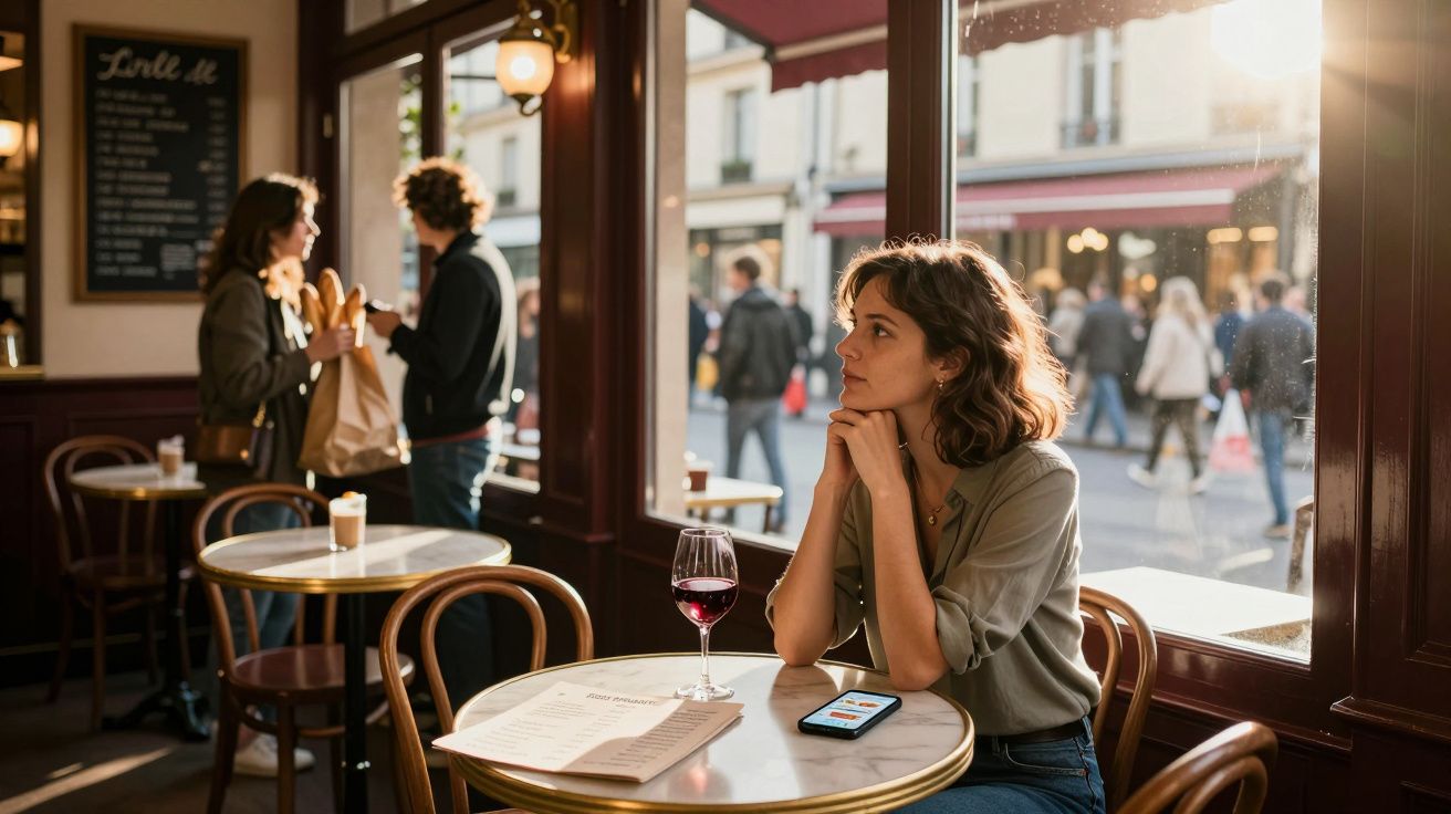 Femeie singură la masă într-o cafenea, privind pe fereastră, cu un pahar de vin și telefon pe masă.