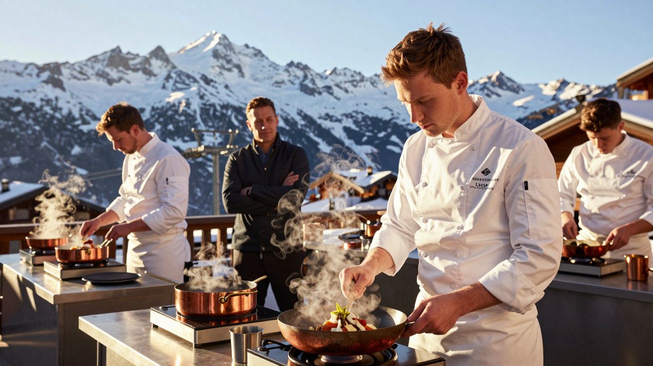 Bucătari gătesc în aer liber pe fundal de munți înzăpeziți, în timp ce un bărbat îi supraveghează.