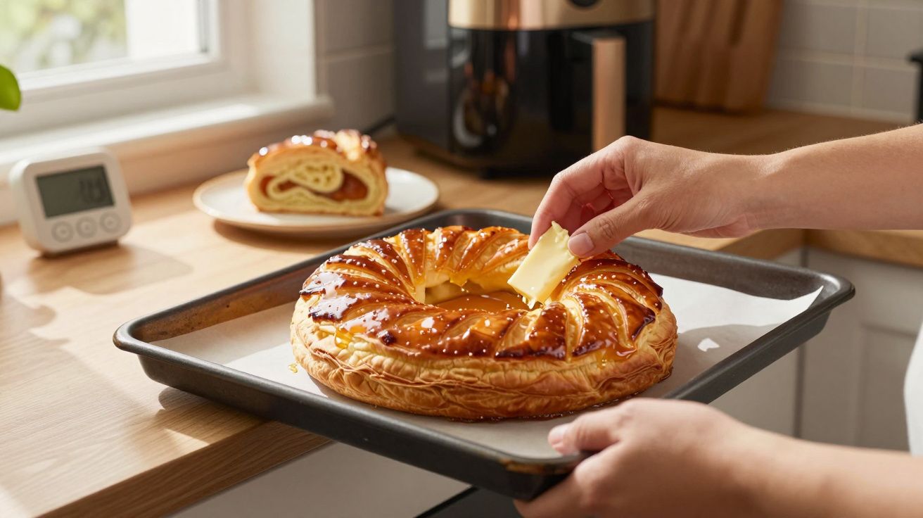 Mână ținând o bucată de unt, întinzând peste o plăcintă cu crustă aurie pe tava de copt în bucătărie.