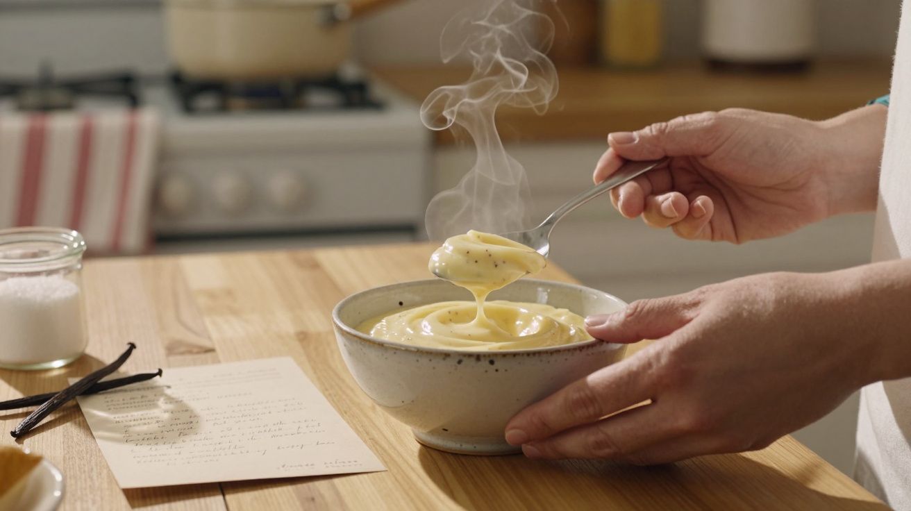Mâini care țin un bol cu cremă caldă și abur care se ridică, pe o masă cu o rețetă scrisă lângă bol.