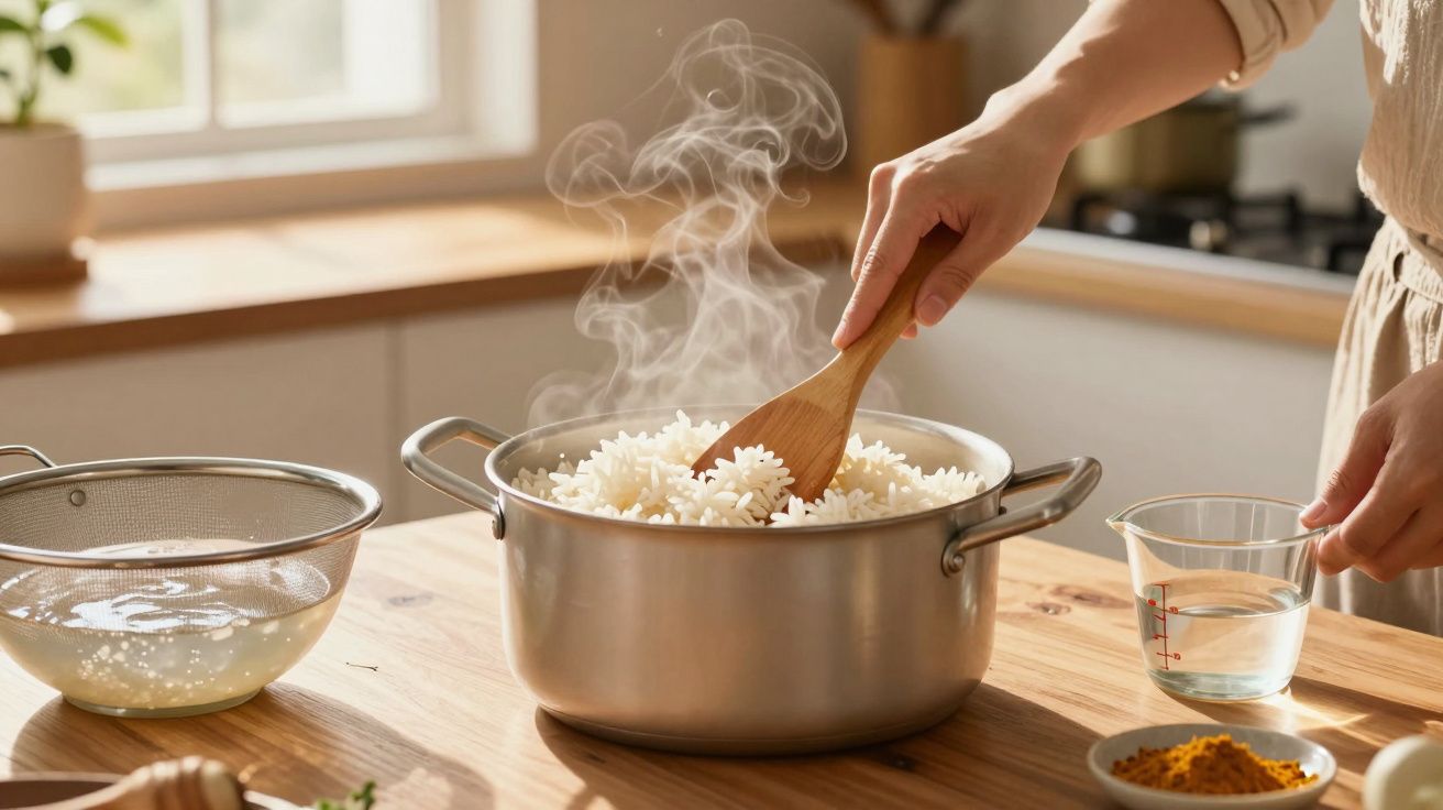 O mână amestecă oala cu orez aburind cu o lingură de lemn pe o masă lângă ingrediente și fereastră luminoasă.