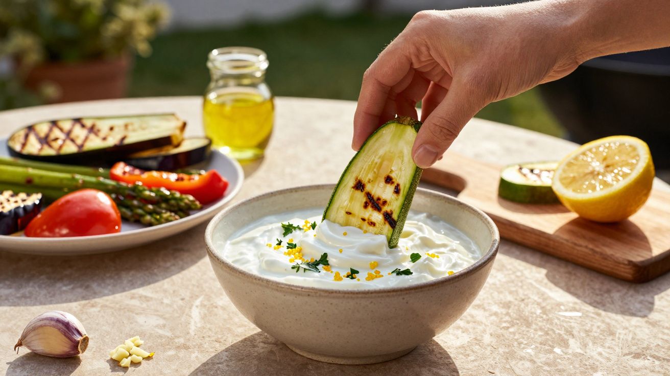 Mână scufundând felie de dovlecel la grătar în cremă albă cu verdeață, legume și lămâie pe fundal.