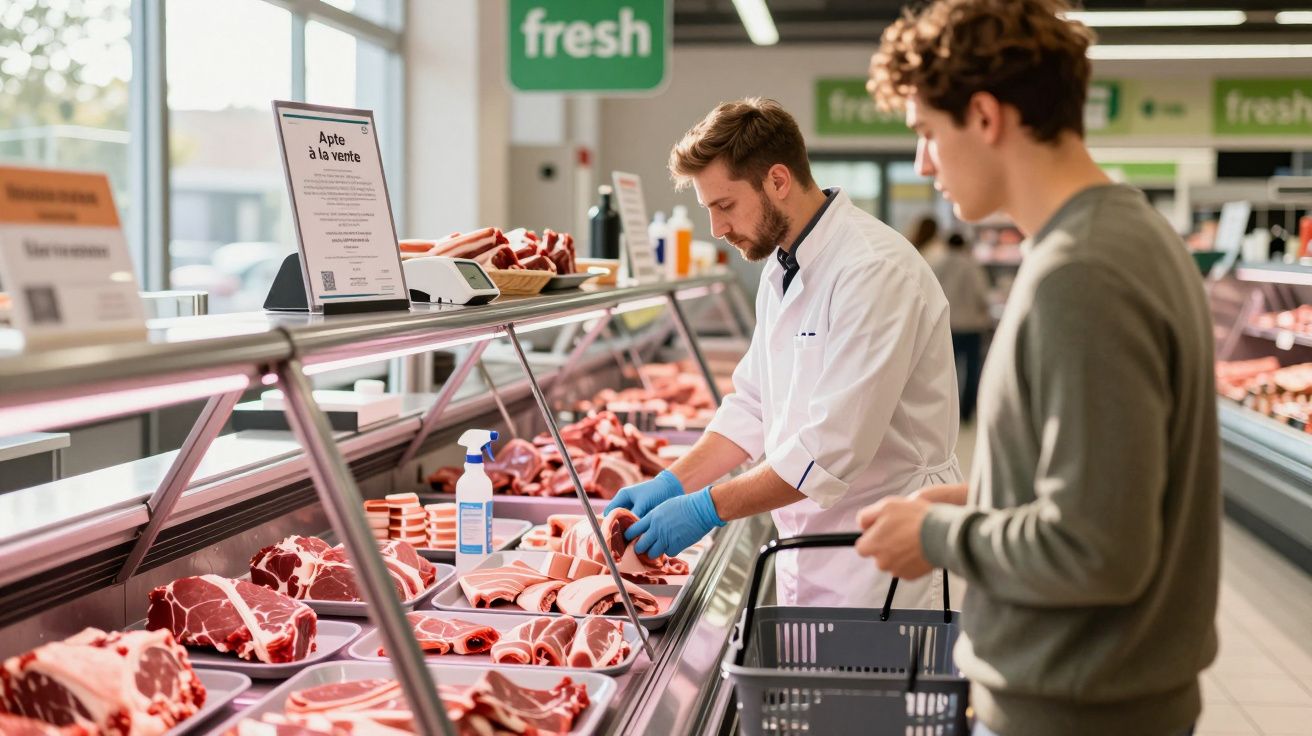 Vânzător de carne în mănuși albastru servind un client într-un supermarket luminos și curat.